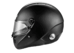 Black full-face racing helmet with clear visor, designed for motorsport safety and performance.