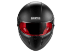 Black Sparco racing helmet with red interior padding, designed for motorsport safety and performance.