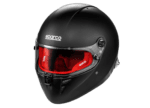 Black Sparco racing helmet with red interior and visor, designed for motorsport safety and performance.