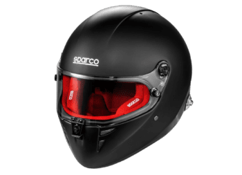 Black Sparco racing helmet with red interior and visor, designed for motorsport safety and performance.
