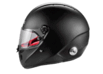 Black full-face racing helmet with clear visor, designed for motorsport safety and performance.