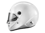 White full-face racing helmet with clear visor, designed for motorsport safety and performance.