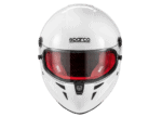White Sparco racing helmet with red visor, designed for motorsport safety and performance, featured on GPR Direct's Grand Prix Racewear collection.