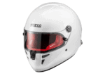 White Sparco racing helmet with red visor, designed for motorsport safety and performance.