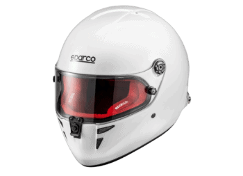 White Sparco racing helmet with red visor, designed for motorsport safety and performance.