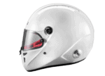 White racing helmet with clear visor, designed for motorsport safety and performance, featuring aerodynamic shape and secure fastening system.