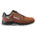 Sparco racing shoe in brown with black and grey accents, designed for motorsport safety and performance.