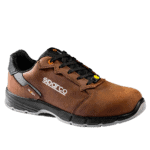 Brown Sparco racing shoe with black and grey accents, designed for motorsport safety and comfort.