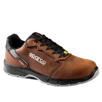 Brown Sparco racing shoe with black and grey accents, designed for motorsport safety and comfort.