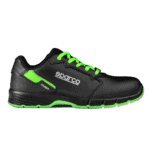 Black and green Sparco racing shoe with laces, designed for motorsport safety and performance.