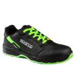 Black Sparco racing shoe with neon green laces and accents, designed for motorsport safety and performance.