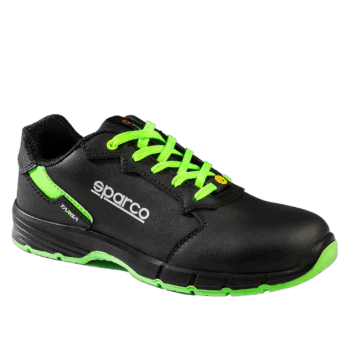 Black Sparco racing shoe with neon green laces and accents, designed for motorsport safety and performance.