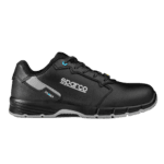 Black Sparco racing shoe with grey and blue accents, designed for motorsport safety and performance.