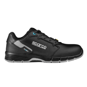 Black Sparco racing shoe with grey and blue accents, designed for motorsport safety and performance.