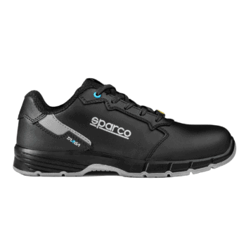 Black Sparco racing shoe with grey and blue accents, designed for motorsport safety and performance.
