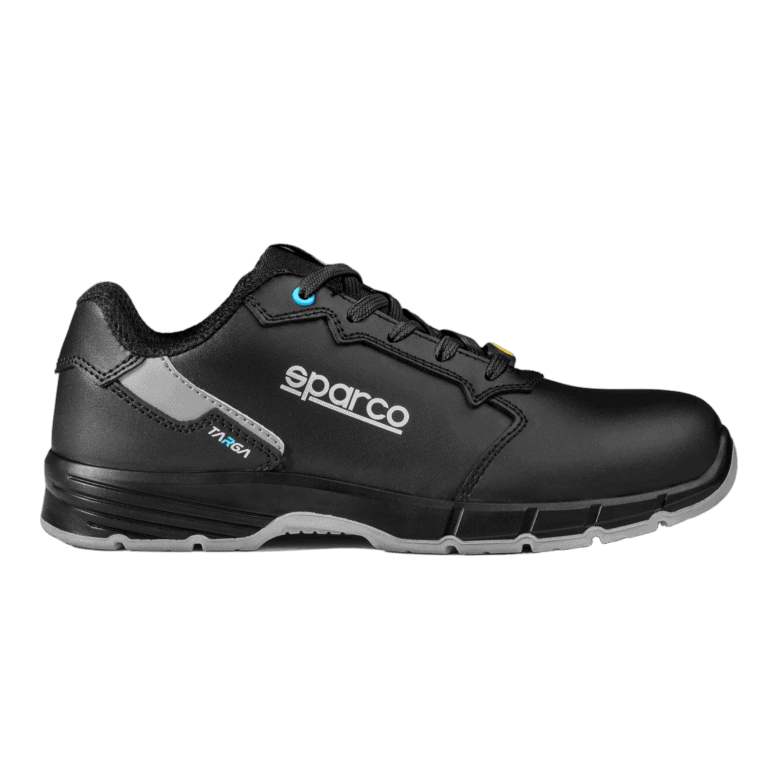 Black Sparco racing shoe with grey and blue accents, designed for motorsport safety and performance.