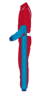 Red and blue Grand Prix racing suit with arm and leg protection, designed for professional motorsport drivers.