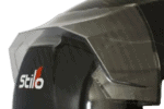 Close-up of a racing helmet with Stilo branding, designed for motorsport safety and performance.