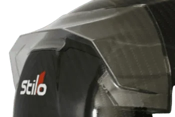 Close-up of a racing helmet with Stilo branding, designed for motorsport safety and performance.