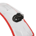Close-up of a white and red racing helmet with a black visor latch, used in motorsport events.