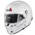 Stilo racing helmet with clear visor, white colour, designed for motorsport safety and performance, featuring advanced aerodynamics and comfort.