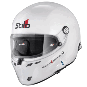 Stilo racing helmet with clear visor, white colour, designed for motorsport safety and performance, featuring advanced aerodynamics and comfort.