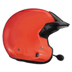 Red Grand Prix racing helmet with black visor and microphone for motorsport safety and communication.
