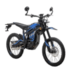 Electric dirt bike from Grand Prix Racewear with black and blue design, off-road tires, and handlebar mirrors, ideal for motocross enthusiasts.