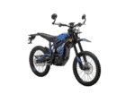 Electric dirt bike with blue and black design, suitable for off-road racing and adventure riding.