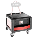 Facom tool creeper station with black cushioned seat, wheels, and storage drawers, ideal for automotive repair and maintenance tasks.