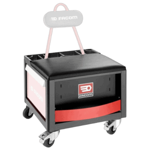 Facom tool creeper station with black cushioned seat, wheels, and storage drawers, ideal for automotive repair and maintenance tasks.