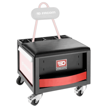 Facom tool creeper station with black cushioned seat, wheels, and storage drawers, ideal for automotive repair and maintenance tasks.
