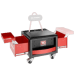Facom tool trolley with multiple storage compartments and a cushioned seat, ideal for automotive and racewear workshops.