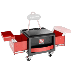 Facom tool trolley with multiple storage compartments and a cushioned seat, ideal for automotive and racewear workshops.