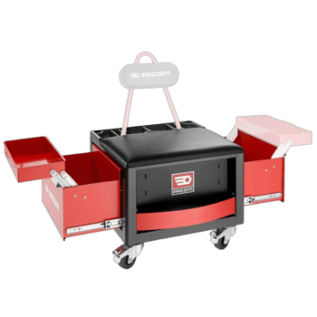 Facom tool trolley with multiple storage compartments and a cushioned seat, ideal for automotive and racewear workshops.