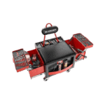 Professional race car mechanic's tool trolley with various tools and equipment for Grand Prix racing maintenance.