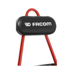 FACOM branded racing helmet stand with red legs, designed for motorsport safety gear display.