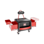Red and black Grand Prix Racewear tool trolley with storage compartments and wheels for easy mobility.