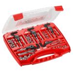 Grand Prix Racewear tool kit with various fasteners and tools in a red plastic case for motorcycle maintenance.