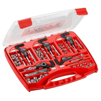 Grand Prix Racewear tool kit with various fasteners and tools in a red plastic case for motorcycle maintenance.
