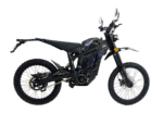 Electric off-road motorcycle with black frame and blue accents, suitable for trail riding and off-road adventures.