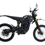 Electric off-road motorcycle with black frame and blue accents, suitable for trail riding and off-road adventures.