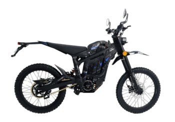 Electric off-road motorcycle with black frame and blue accents, suitable for trail riding and off-road adventures.