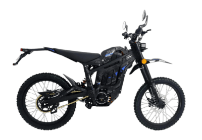 Electric off-road motorcycle with black frame and blue accents, suitable for trail riding and off-road adventures.