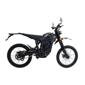 Electric dirt bike from Grand Prix Racewear with black and blue design, off-road tires, and high-performance features.