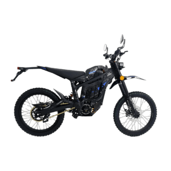 Electric dirt bike from Grand Prix Racewear with black and blue design, off-road tires, and high-performance features.