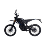 Electric off-road motorcycle with black frame and knobby tires, designed for motocross and trail riding, featuring a sleek modern look.