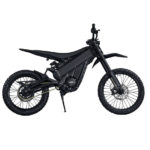 Black electric dirt bike with off-road tyres and suspension, suitable for motocross and trail riding.