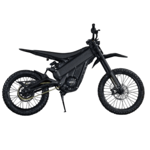 Black electric dirt bike with off-road tyres and suspension, suitable for motocross and trail riding.
