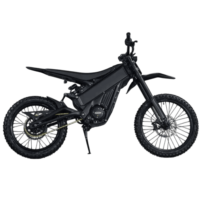 Black electric dirt bike with off-road tyres and suspension, suitable for motocross and trail riding.